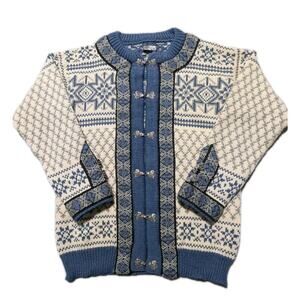 Dale of Norway Wool Sweater Cardigan M 42 Blue White Nordic Ski Fair Isle Norway